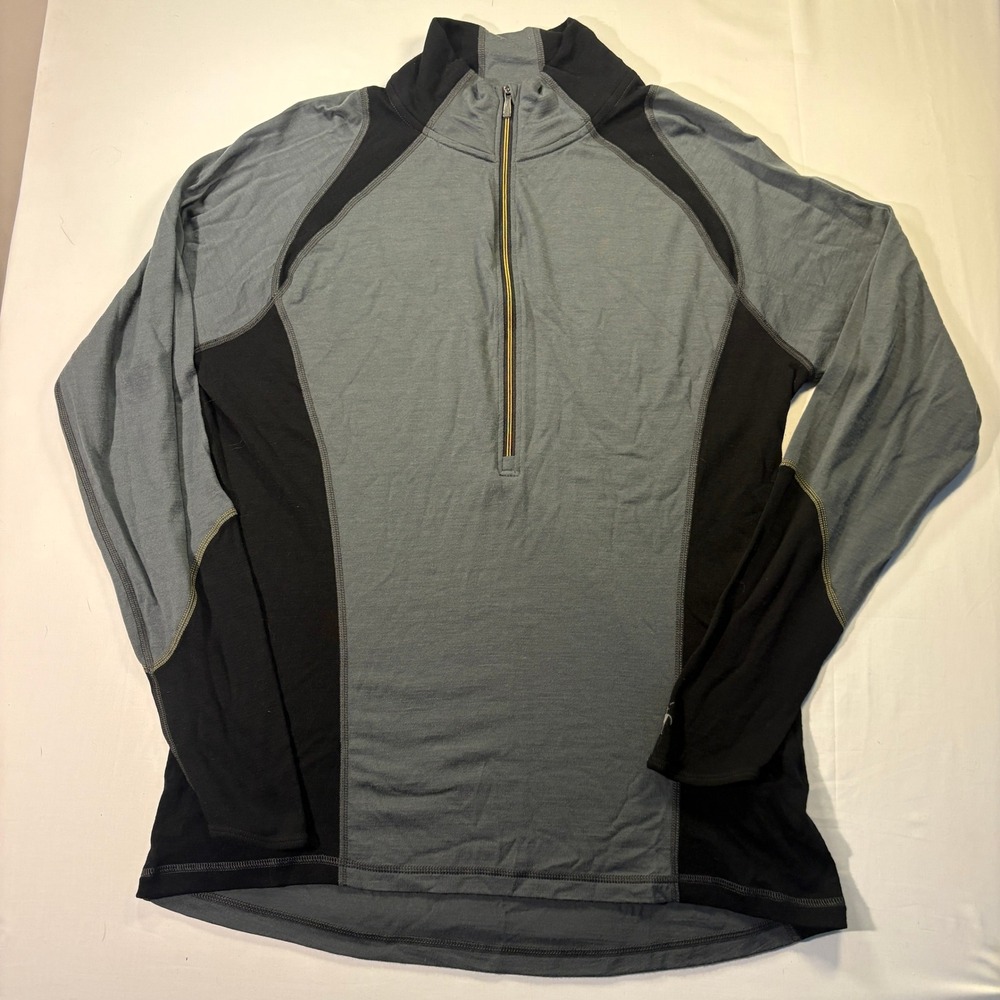 Smartwool Mens Grey Black Merino Wool Quarter Zip Base Layer Top Large